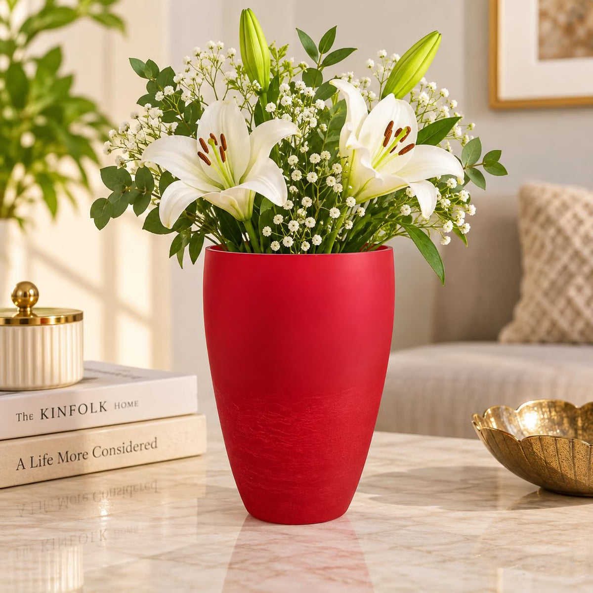 Pure Source India Red Flower Vase for Home Décor | Decorative Tabletop Planter for Living Room & Dining Table