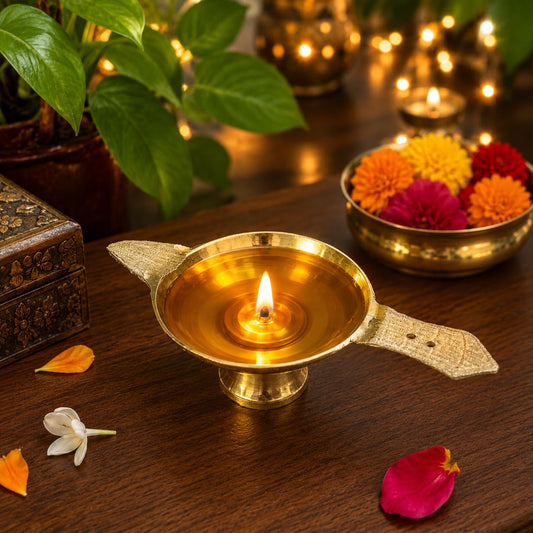 Pure Source India 5 Inch Brass Diya Oil Lamp for Pooja | Traditional Indian Deepam with Decorative Handles | Temple Lamp for Home, Diwali, Festivals & Spiritual Décor