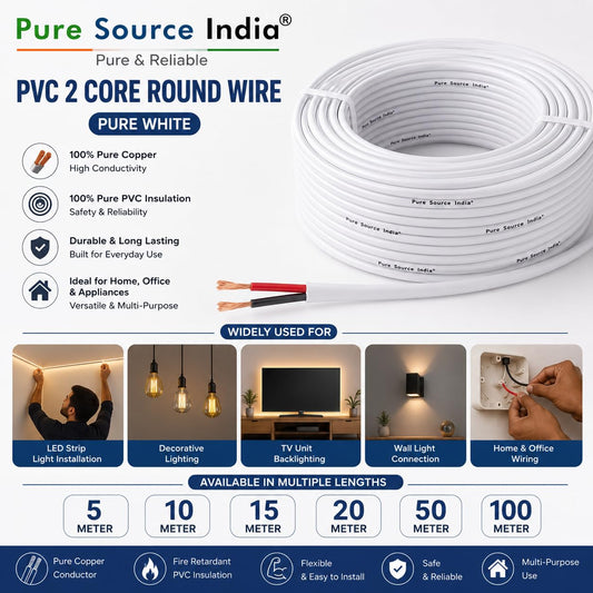 Pure Source India Flexible Twin Flat 2 core Copper Electrical Wire for Home & Domestic Industrial Electric Wiring