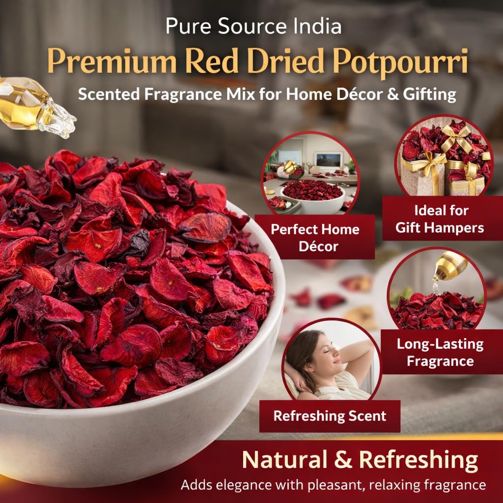 Pure Source India Premium  Red Rose Scented Potpourri Gift Pack – Natural Dried Flower Fragrance for Home Décor, Aromatherapy & Festive Gift Hampers
