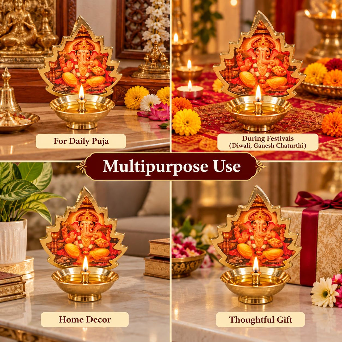 Pure Source India Brass Diya with Ganesh Leaf Frame for Home Temple, Daily Worship, Diwali Decoration & Gifting