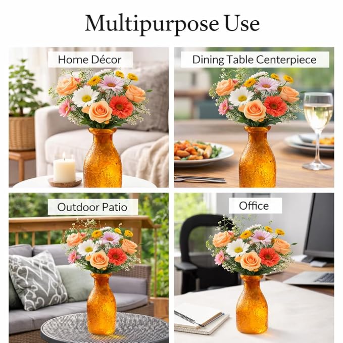 Pure Source India Elegant Orange Textured Glass Flower Vase – Decorative Bubbled Design, Modern Home Décor Accent, Table Centerpiece