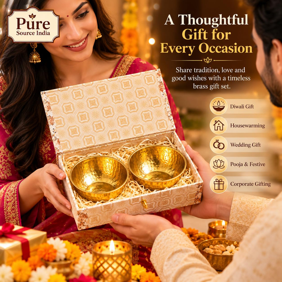 Pure Source India Brass Hammered Bowls Gift Set of 2 for Diwali, Housewarming, Pooja & Festive Gifting