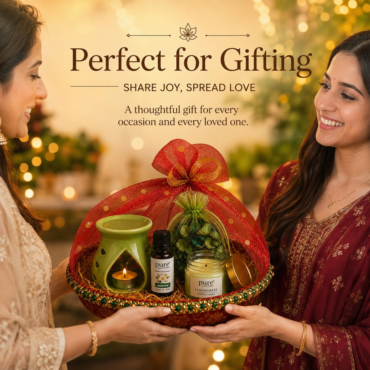 Pure Source India Diwali Gift Set with 97 Green Aroma Burner, Aroma Oil, Scented Candle & Potpourri Potli | Festive Home Fragrance Gift Hamper
