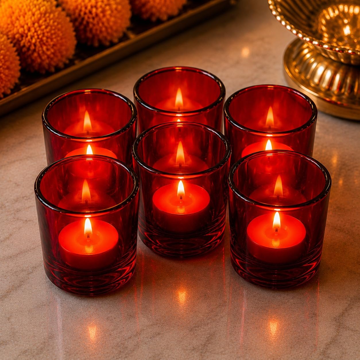 Pure Source India Pack of 6 Glass Votive Tealight Candle Holders (Red) - Living Room Side Table Home Decoration