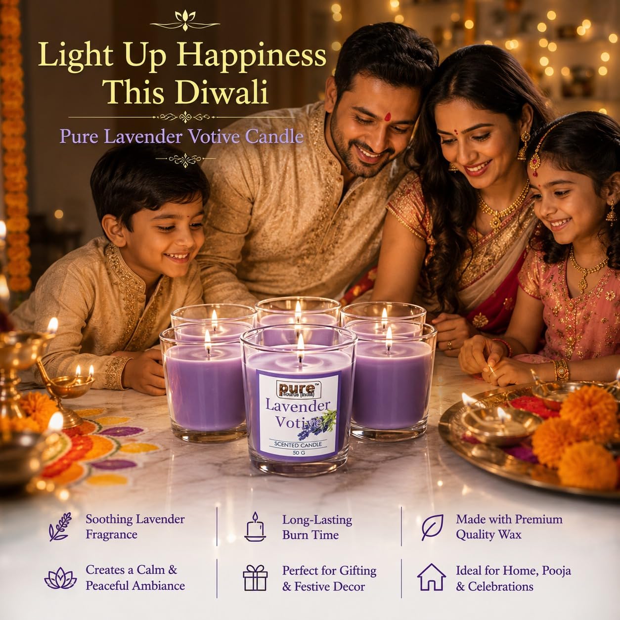 Pure Source India Lavender Votive Candles Set of 4,Scented Glass Candles, Aromatherapy Lavender Fragrance, Long Burning Decorative Candles for Home Décor, Bedroom, Relaxation, Meditation & Gift Giving