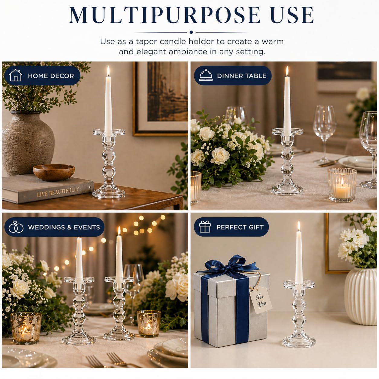 Pure Source India Glass Candle Holder for Pillar & Taper Candles | Elegant Crystal Candlestick Stand for Dining Table, Wedding, Home Décor