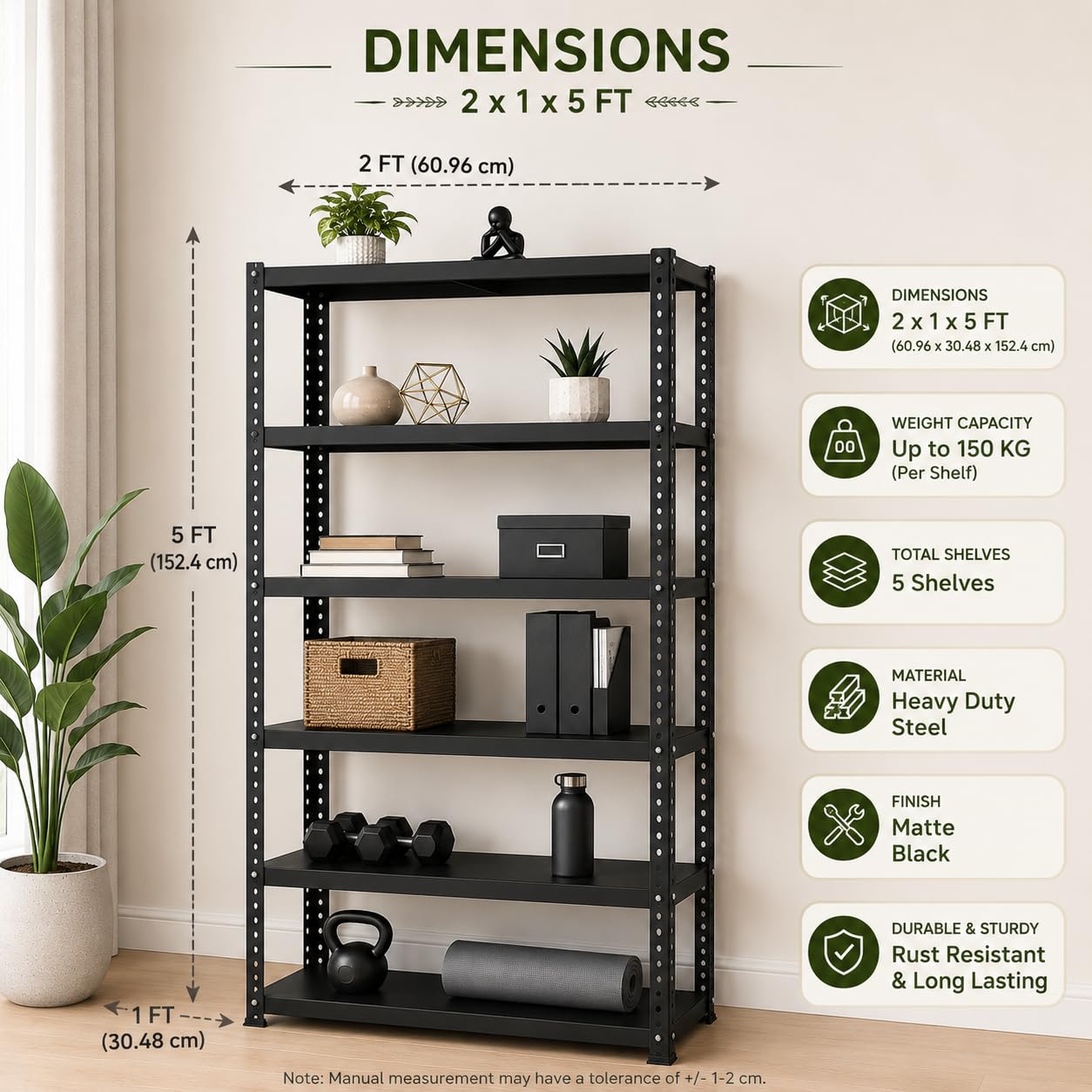 Pure Source India Iron Matte Finish (2 X 1 X 5 FT) (6 Shelf) Adjustable Display Rack for Home Office & Gym Use