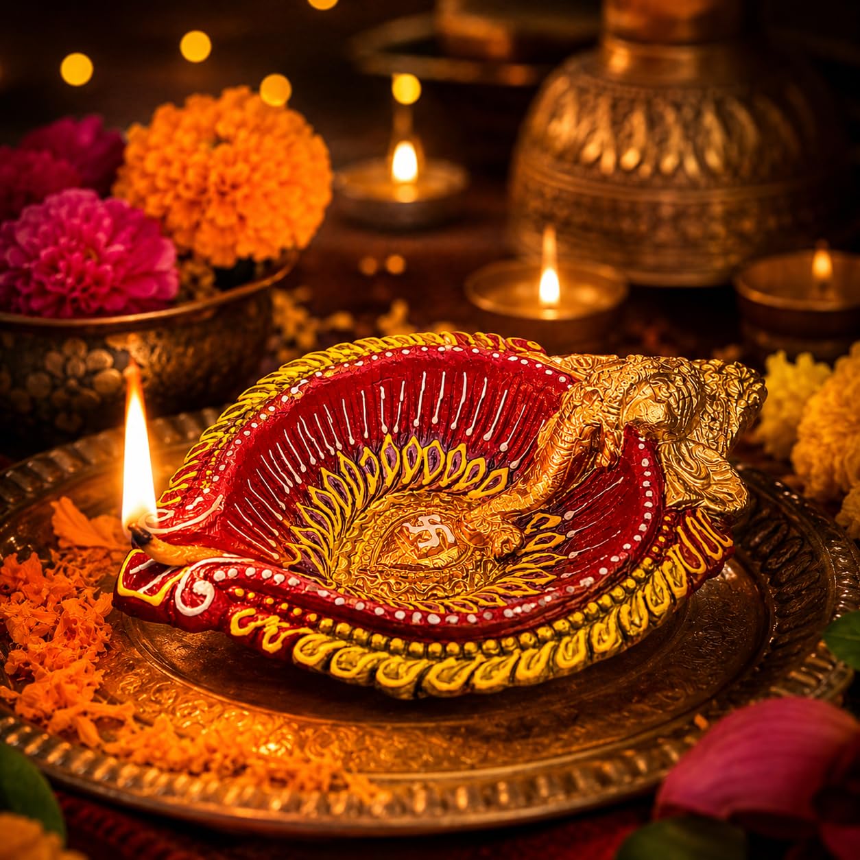 Pure Source India Decorative Ganesh Ji Diya| Handcrafted Red & Gold Oil Lamp with Auspicious Swastik Design | Traditional Diwali Diya for Festivals, Pooja Room & Gifting
