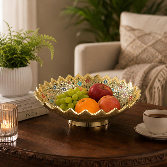 Pure Source India Handcrafted Brass Decorative Bowl with Colorful Floral Enamel Work | Decorative Centerpiece Bowl | Multipurpose Fruit Bowl, Floating Candle Urli & Potpourri Holder