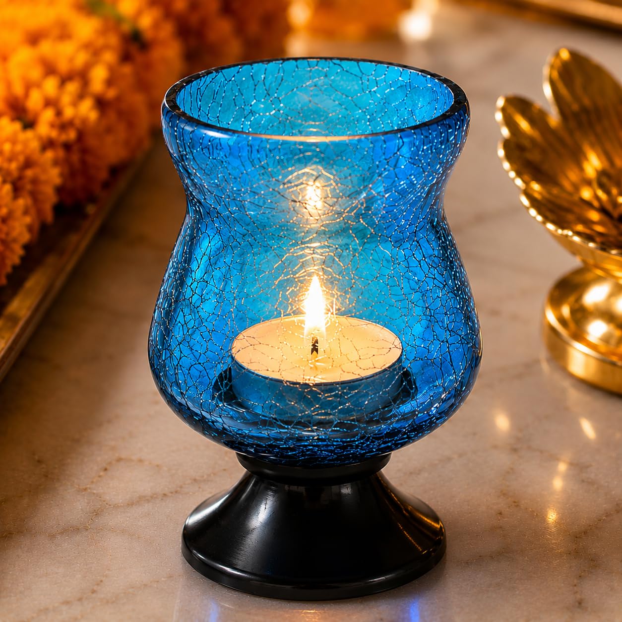 Pure Source India Sky Blue Crackle Glass Tea Light Candle Holder/Crackle Votive for Home Decoration