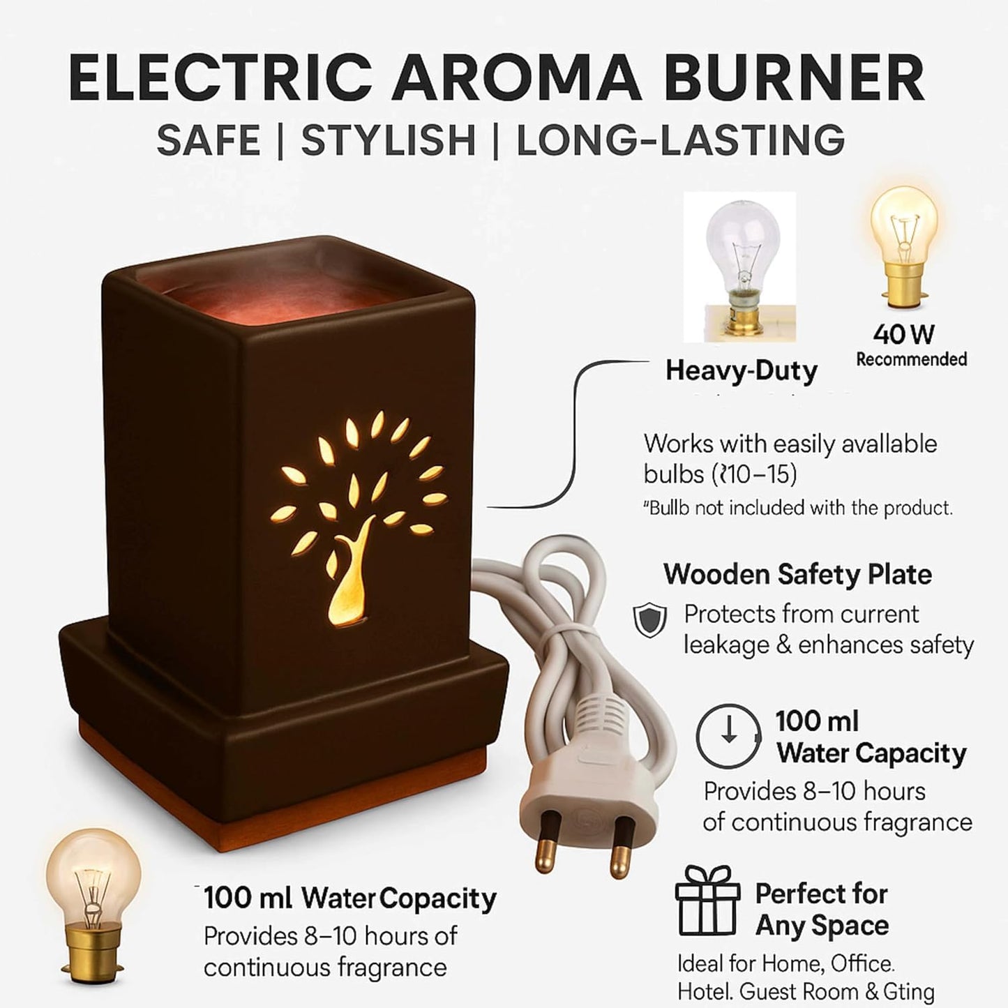 Pure Source India Ceramic Electric Aroma Oil Burner with Tree Cut-Out Design – 21 cm Decorative Fragrance Warmer (Black)