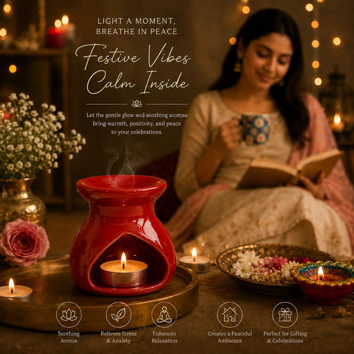 Pure Source India Diwali Pooja Gift Set with Roli Kumkum & Ghee Wicks Complete Diwali pooja and gifting combo (Red)