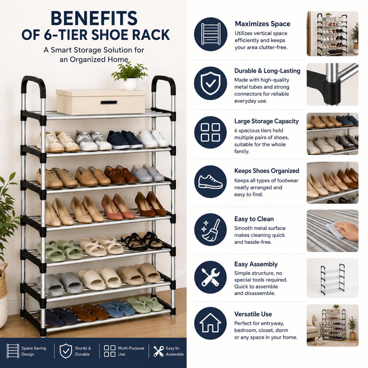 6 Tier Stainless Steel Shoe Rack Organizer | Easy Assembly Footwear Storage Shelf for Home, Office & Entryway