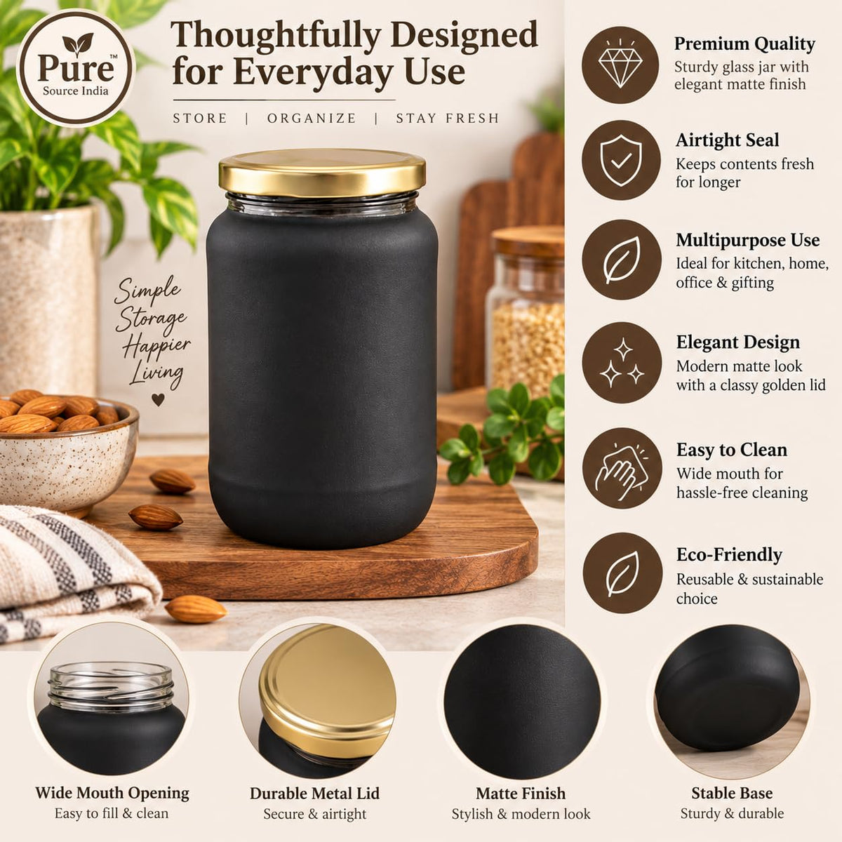 Pure Source India Black Matt Glass Jar with Gold Metal Lid, (1000ml), Airtight Kitchen & Pantry Container, Multipurpose Food Storage Jar