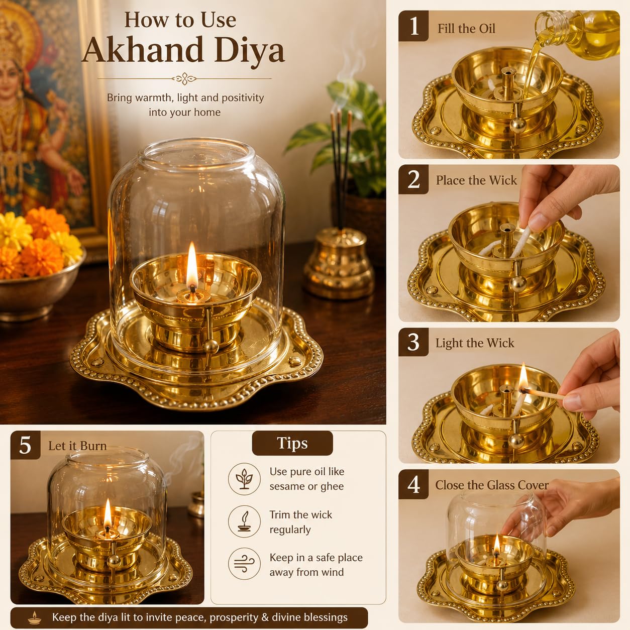 Pure Source India 150ml Oil Capacity Brass Akhand Diya with Glass Cover | Long Burning Akhand Jyot Lamp | Wind Protection Glass Dome | Traditional Puja Diya for Home Temple, Mandir & Festivals