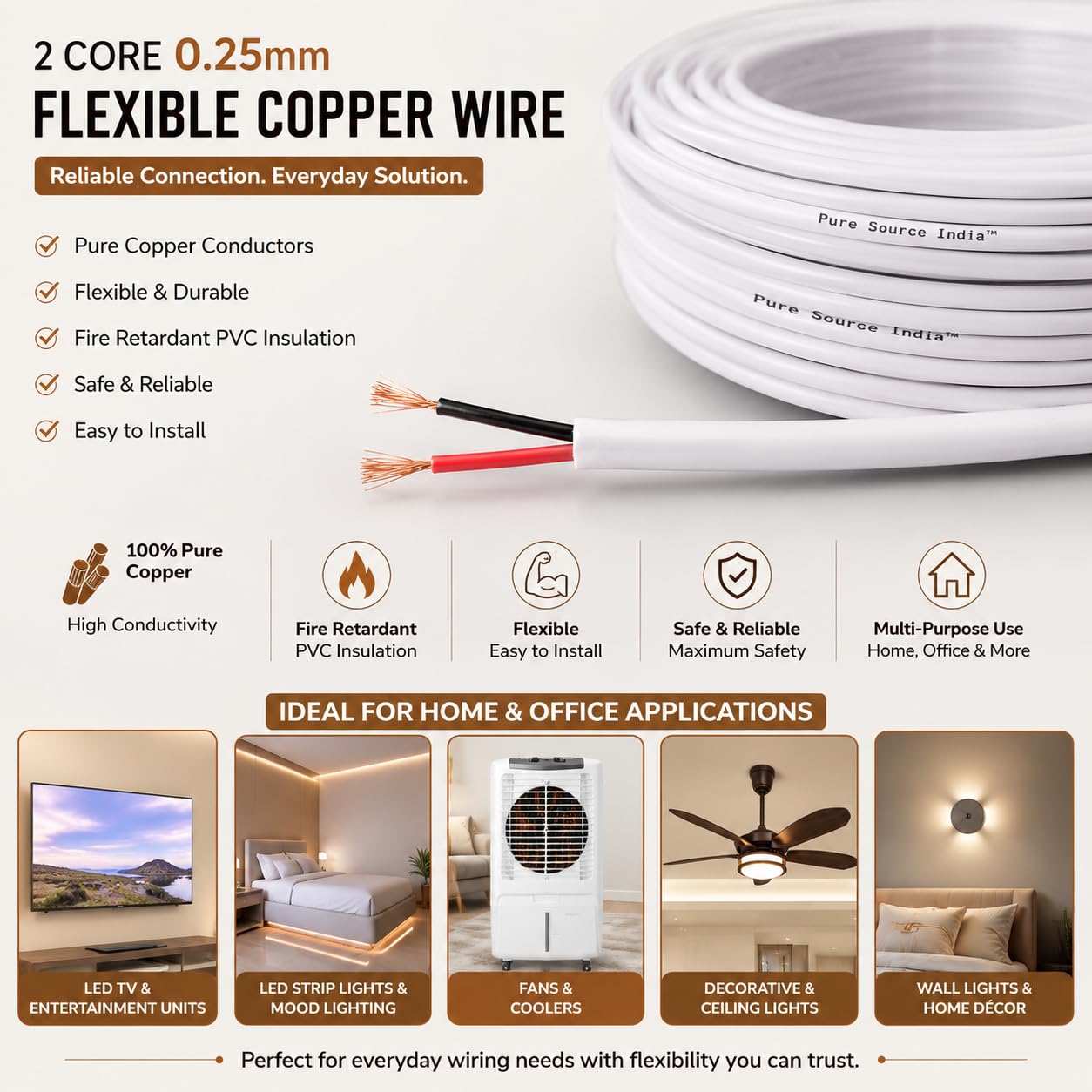 Pure Source India Flexible Twin Flat 2 core Copper Electrical Wire for Home & Domestic Industrial Electric Wiring