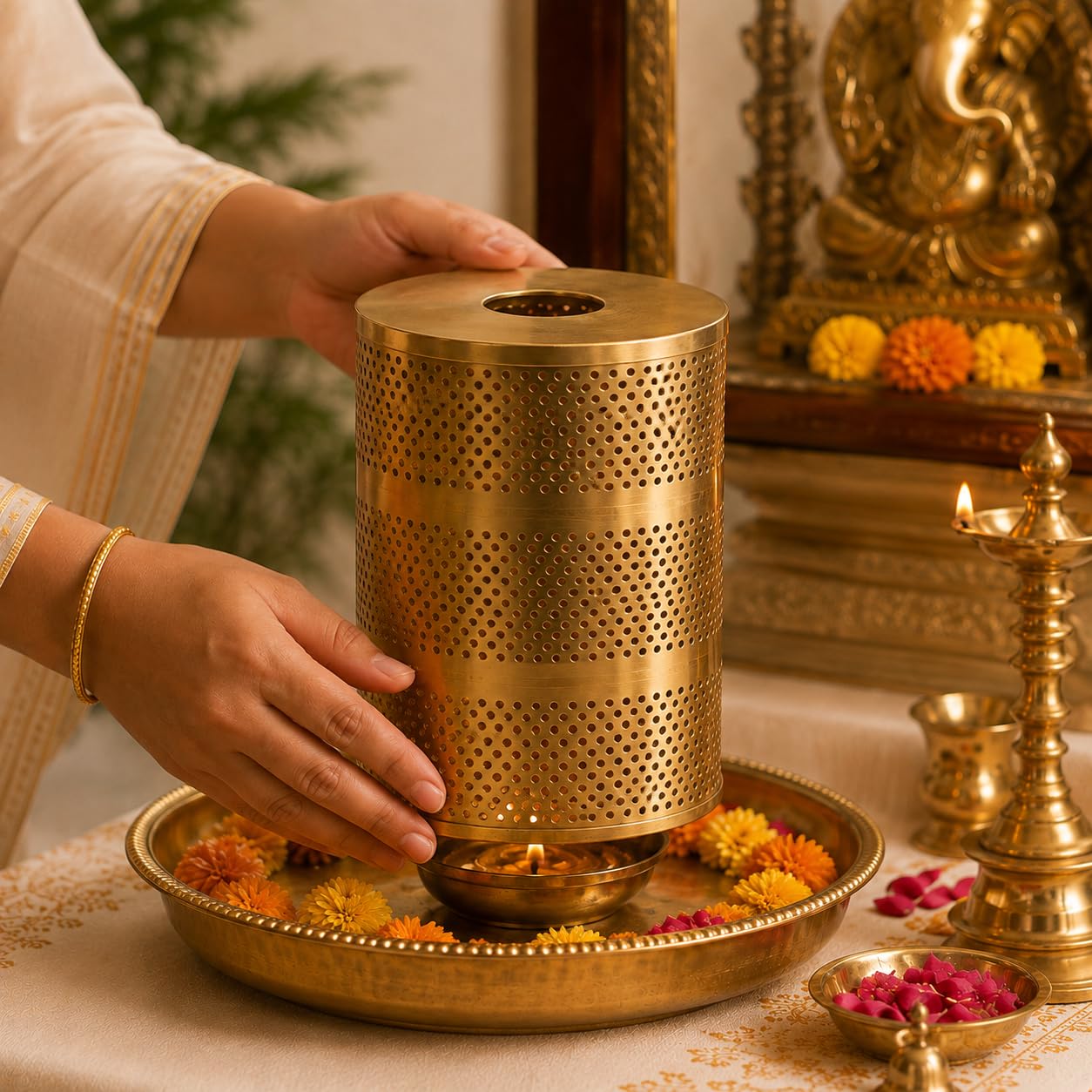 Pure Source India 6 Inch Akhand Jyot Wind Protector | Akhand Deep Cover | Diya, Deepak & Jyoti Metal Safety Guard for Puja Mandir