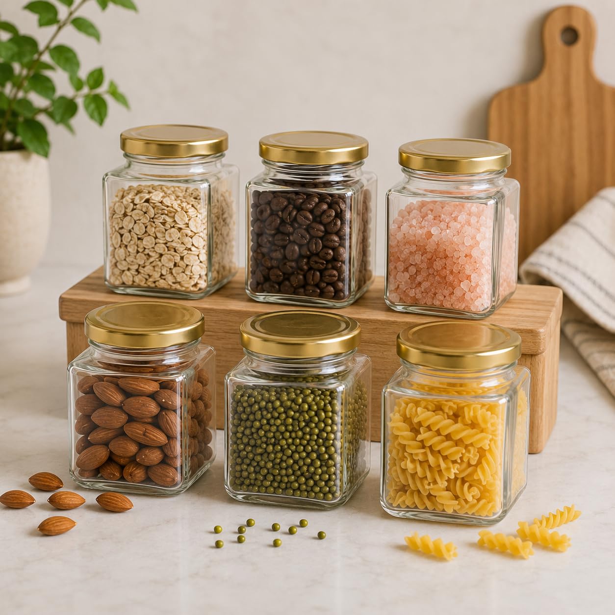 Pure Source India 150gm, Square Glass Jar with Gold Lug Cap | Airtight Food Storage Jar for Honey, Jam, Pickles, Spices & Preserves