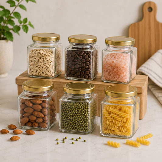 Pure Source India 150gm, Square Glass Jar with Gold Lug Cap | Airtight Food Storage Jar for Honey, Jam, Pickles, Spices & Preserves