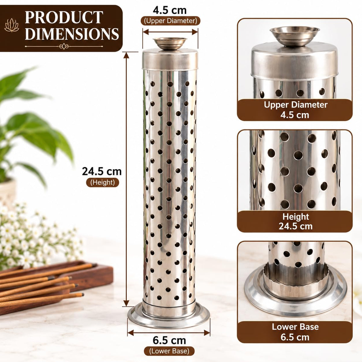 Pure Source India Stainless Steel Incense Stick Holder for Home Temple, Pooja Room and Meditation