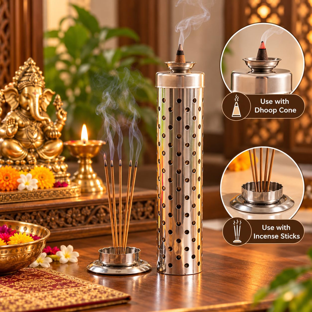Pure Source India Stainless Steel Incense Stick Holder for Home Temple, Pooja Room and Meditation