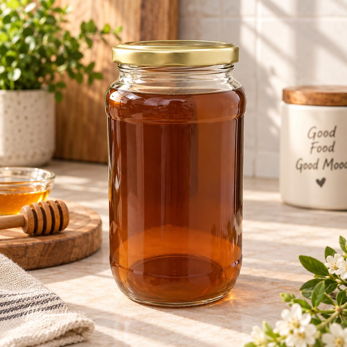 Pure Source India 1000ml Amber Glass Jar with Gold Metal Lid, Airtight Kitchen & Pantry Container, Multipurpose Food Storage Jar