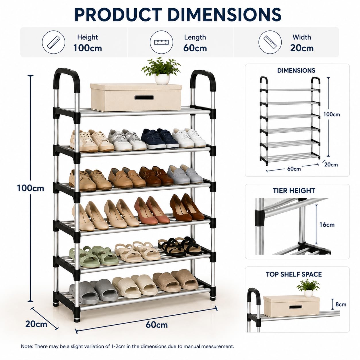 6 Tier Stainless Steel Shoe Rack Organizer | Easy Assembly Footwear Storage Shelf for Home, Office & Entryway