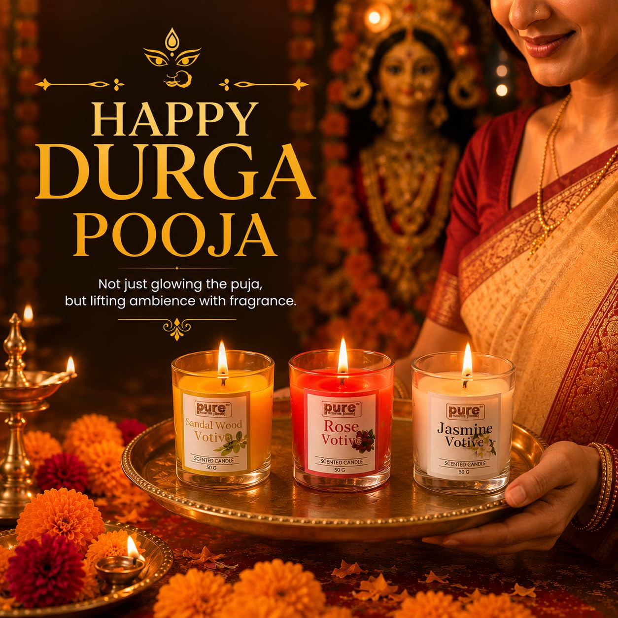 Pure Source India Pack of 6 Votive Glass Scented Candles, Diwali Home Decor Gift (Fragrance-Rose, Jasmine & Sandalwood)