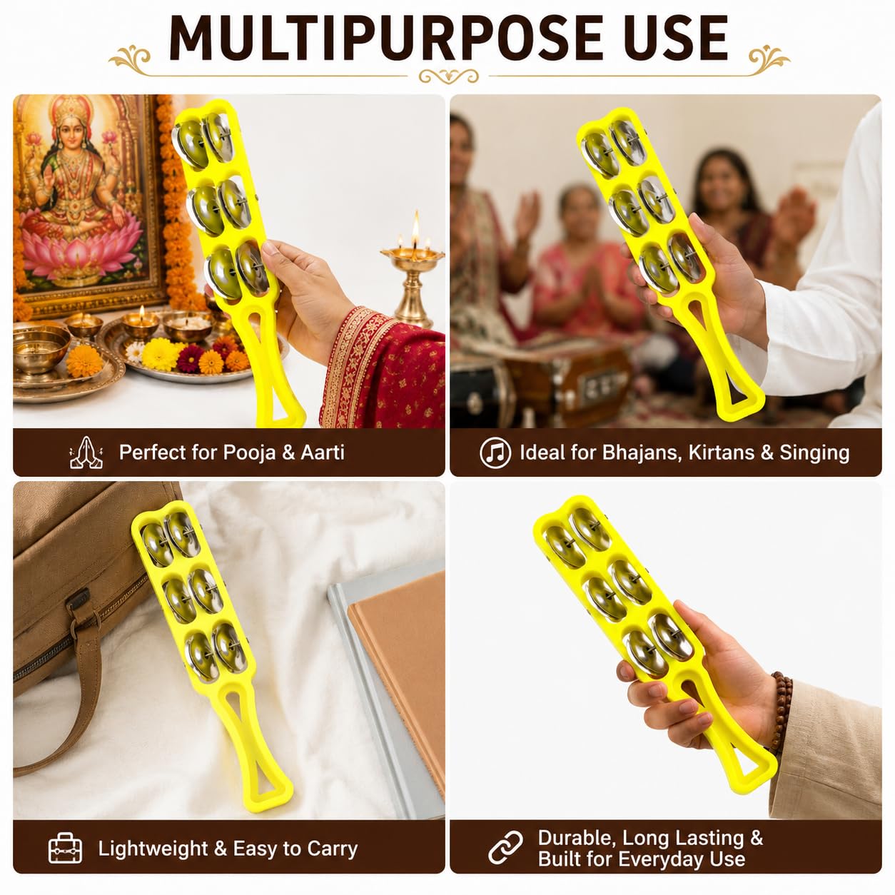 Pure Source India Handheld Plastic Tambourine Pack of 2 | 3-Pair Metal Jingle Percussion Instrument | Ideal for Bhajan, Kirtan, Pooja, Aarti, Garba, Music Practice & Cultural Events | Yellow