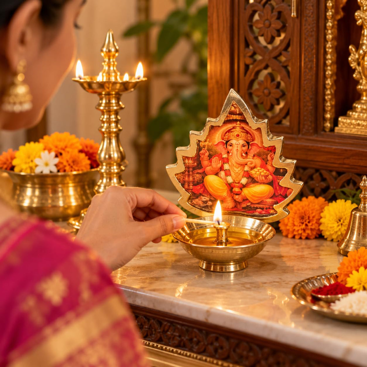 Pure Source India Brass Diya with Ganesh Leaf Frame for Home Temple, Daily Worship, Diwali Decoration & Gifting