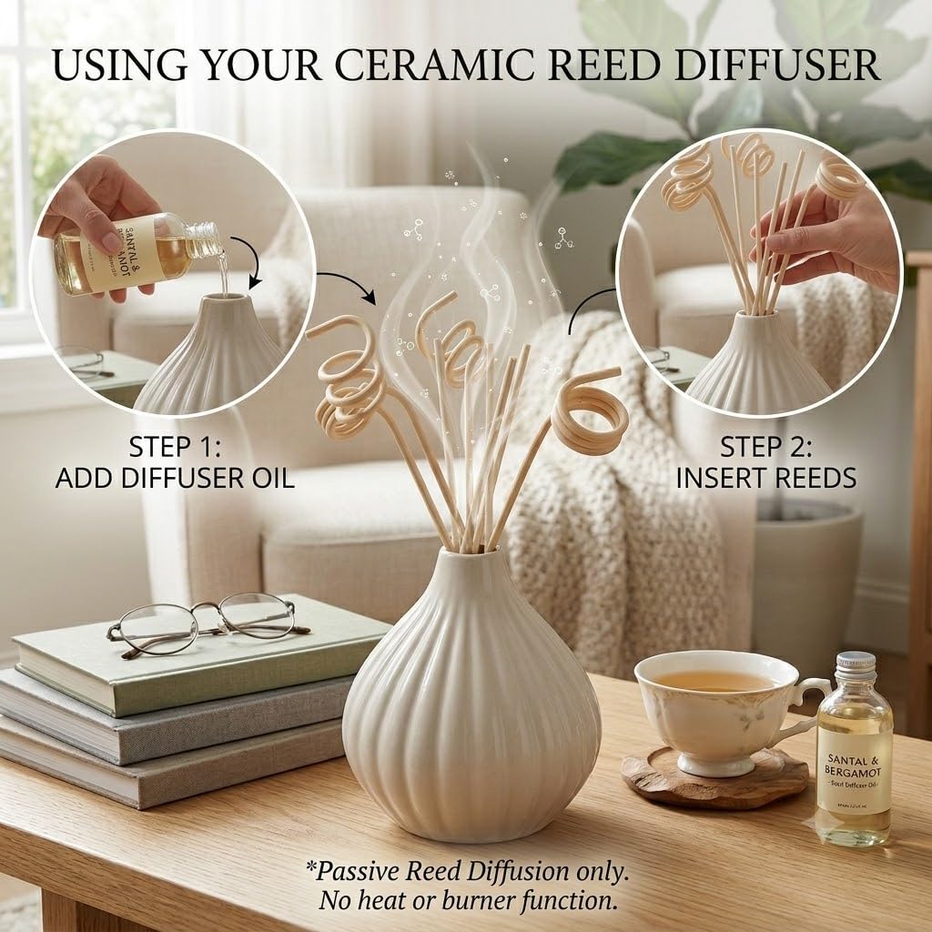 Pure Source India Ceramic Reed Diffuser Pot/Flower Pot/Christmas Decoration and New Year Gifts (Standard, White) with 8 pcs reed stick