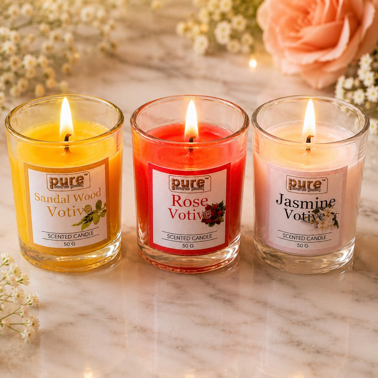 Pure Source India Pack of 6 Votive Glass Scented Candles, Diwali Home Decor Gift (Fragrance-Rose, Jasmine & Sandalwood)