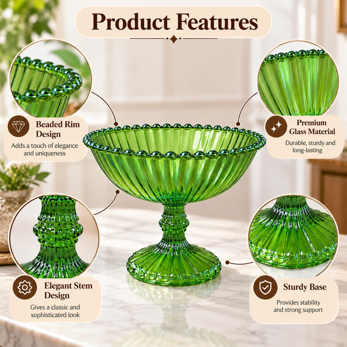 Pure Source India Green Glass Fruit Bowl 7.5 Inch | Decorative Ribbed Pedestal Bowl for Fruits, Snacks, Desserts & Table Centerpiece | Elegant Gold Serving Bowl