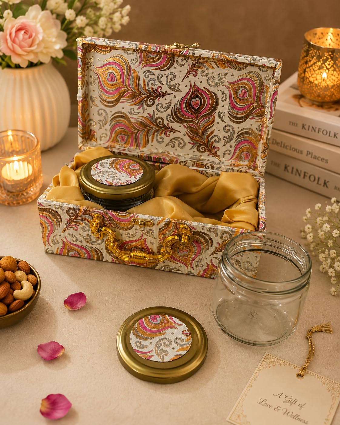 Pure Source India Empty Dry Fruit Gift Box with 2 Airtight Glass Jars | Luxury Hamper Box with Satin Lining | Reusable for Dry Fruits, Wedding, Diwali, Rakhi & Corporate Gifts