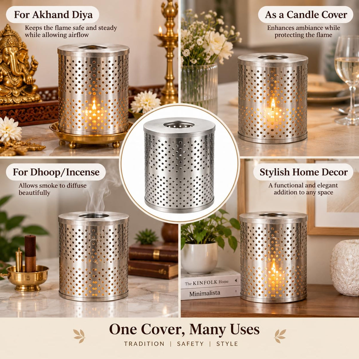 Pure Source India Stainless Steel 4 Inch Wind Protector Cover for Akhand Jyot | Safety Guard for Temple, Puja Room & Outdoor Use