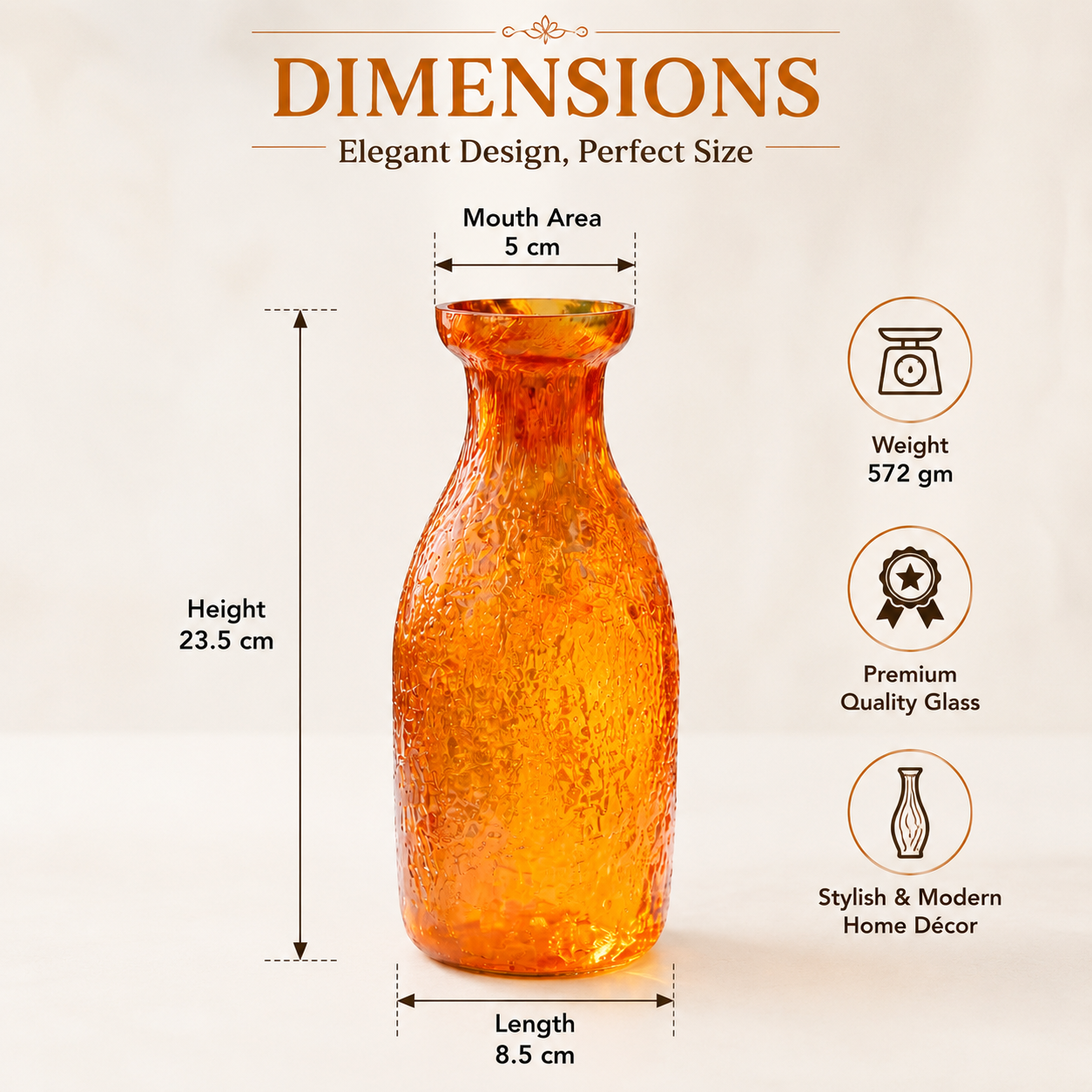 Pure Source India Elegant Orange Textured Glass Flower Vase – Decorative Bubbled Design, Modern Home Décor Accent, Table Centerpiece