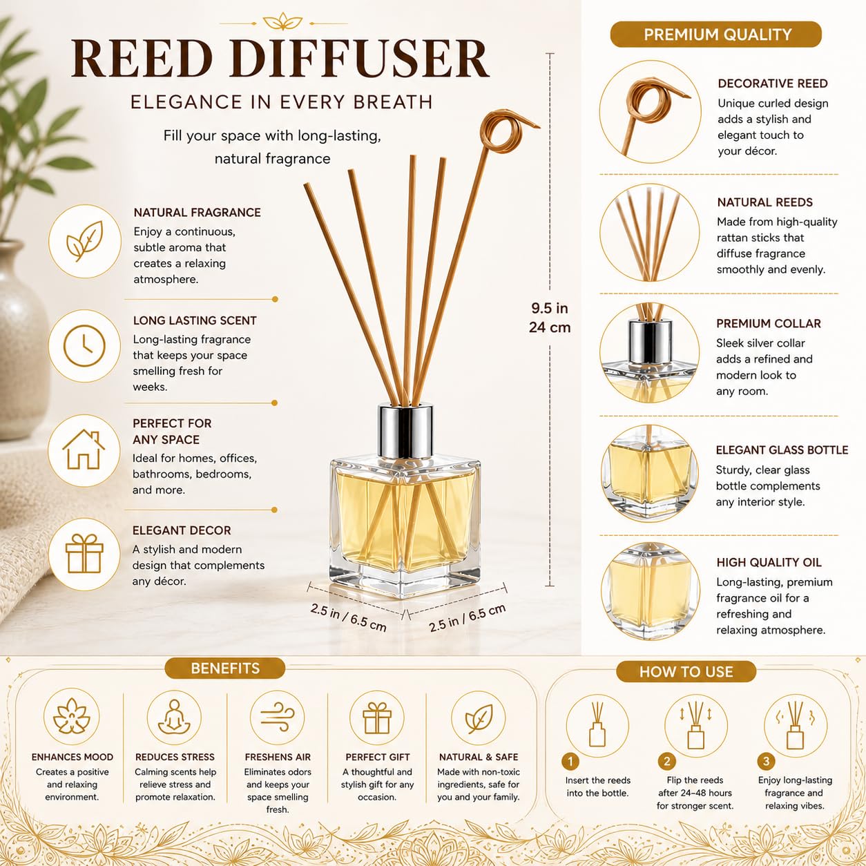 Pure Source India 30 ML Squire Coming with 6 Pcs Sticks Glass Decorative Reed Diffuser Bottle/Glass Vase