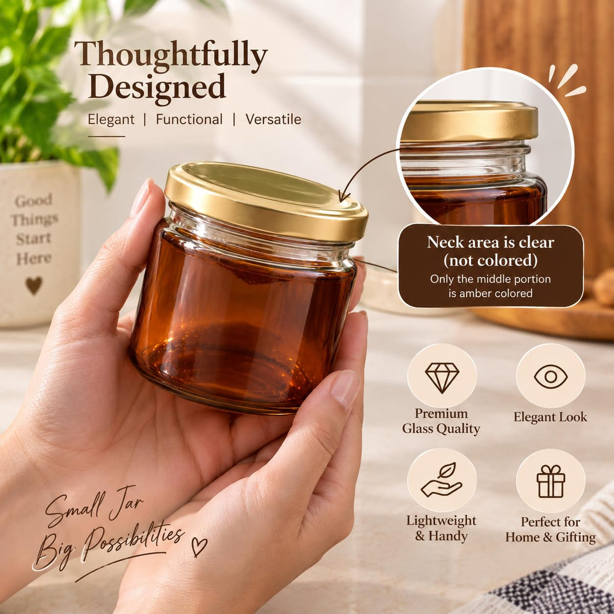 Pure Source India 250 ML Amber Glass Storage Jar | Wide Mouth Kitchen Jar for Pickles, Spices, Dry Fruits, Cookies & Snacks