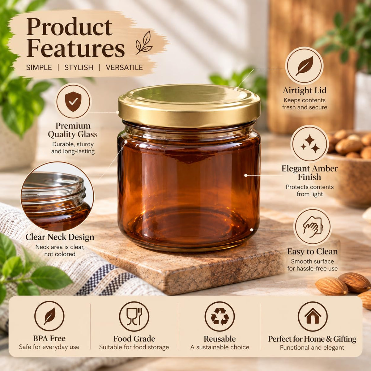 Pure Source India 250 ML Amber Glass Storage Jar | Wide Mouth Kitchen Jar for Pickles, Spices, Dry Fruits, Cookies & Snacks