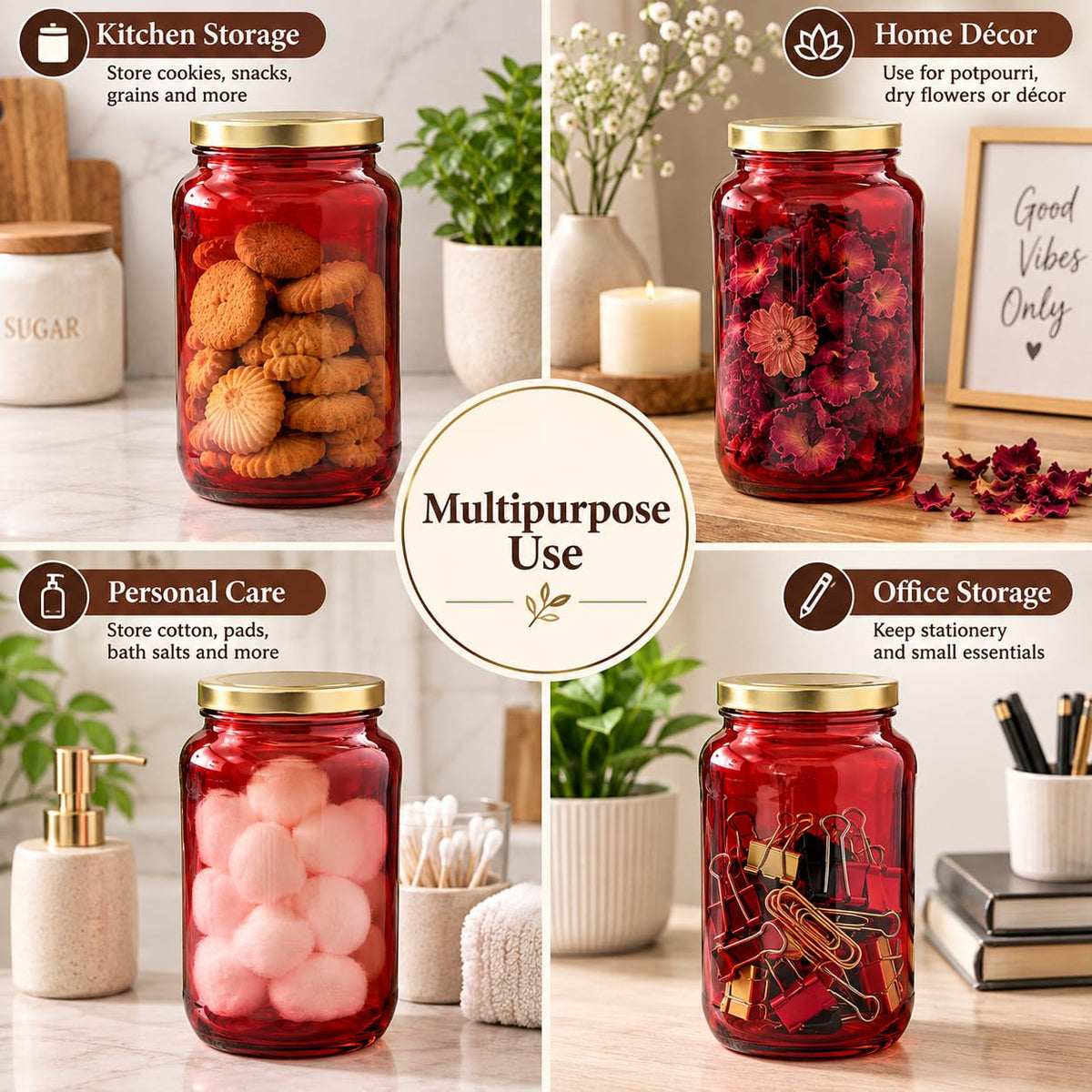 Pure Source India Red Glass Jar with Gold Metal Lid, (1000ml), Airtight Kitchen & Pantry Container, Multipurpose Food Storage Jar
