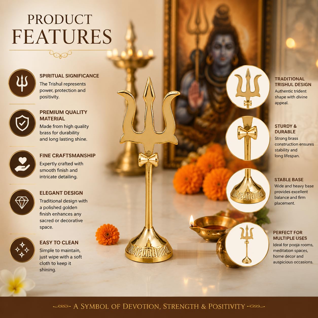 Brass Trishul with Damru Statue for Home Temple, Pooja Room & Shiv Worship | Decorative Trident Idol for Mandir, Office, Car Dashboard & Spiritual Décor