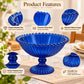 Pure Source India Blue Glass Fruit Bowl 7.5 Inch | Decorative Ribbed Pedestal Bowl for Fruits, Snacks, Desserts & Table Centerpiece | Elegant Gold Serving Bowl