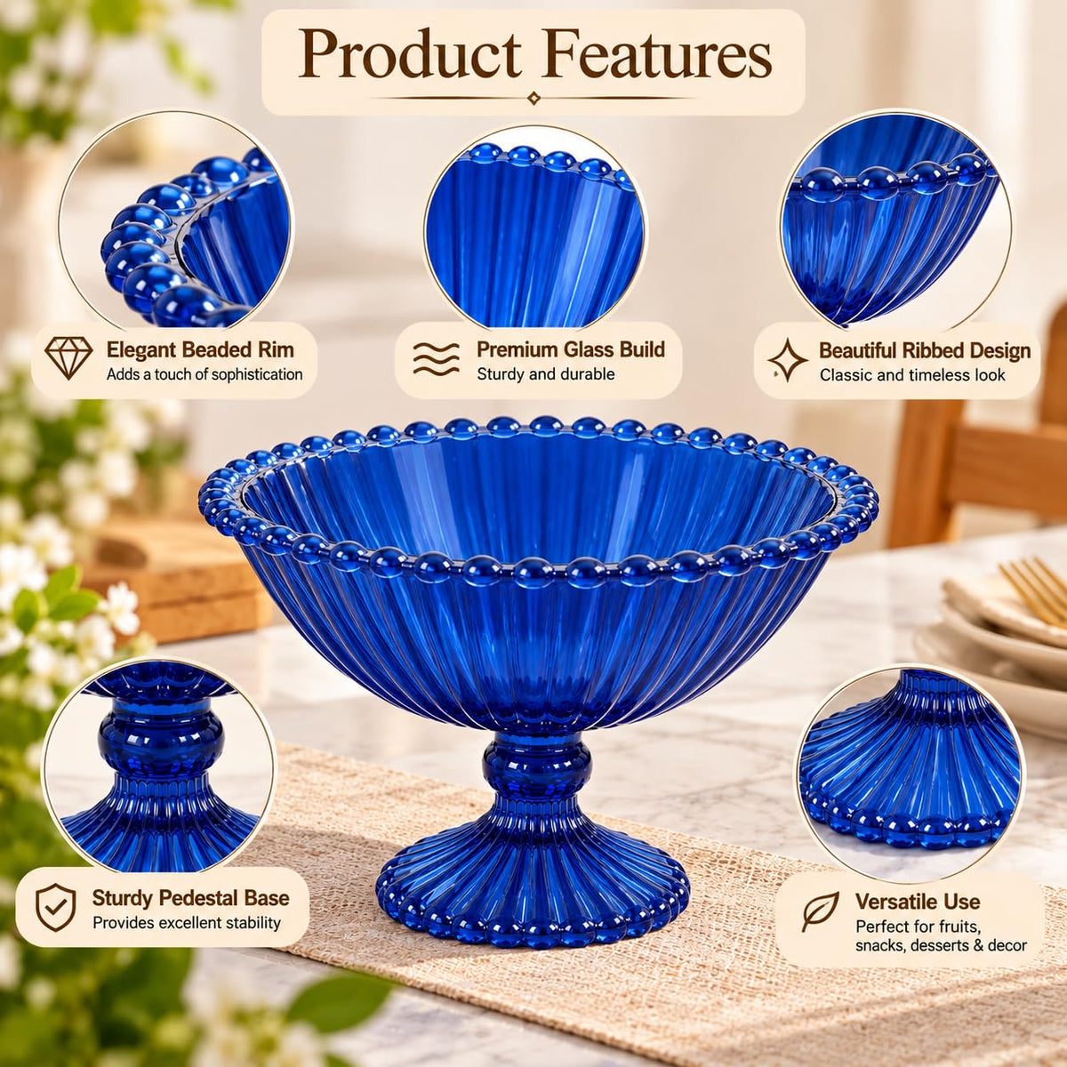 Pure Source India Blue Glass Fruit Bowl 7.5 Inch | Decorative Ribbed Pedestal Bowl for Fruits, Snacks, Desserts & Table Centerpiece | Elegant Gold Serving Bowl