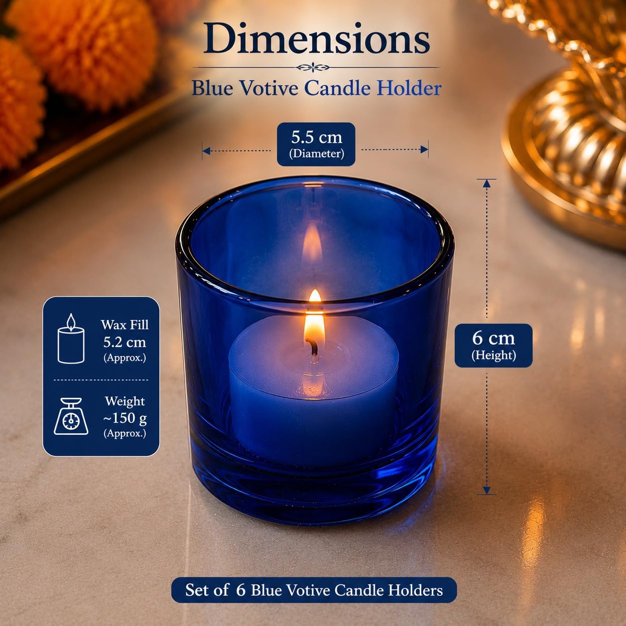 Pure Source India Set of 6 Blue Glass Votive Tealight Candle Holders - Living Room Side Table Home Decoration (Glass)