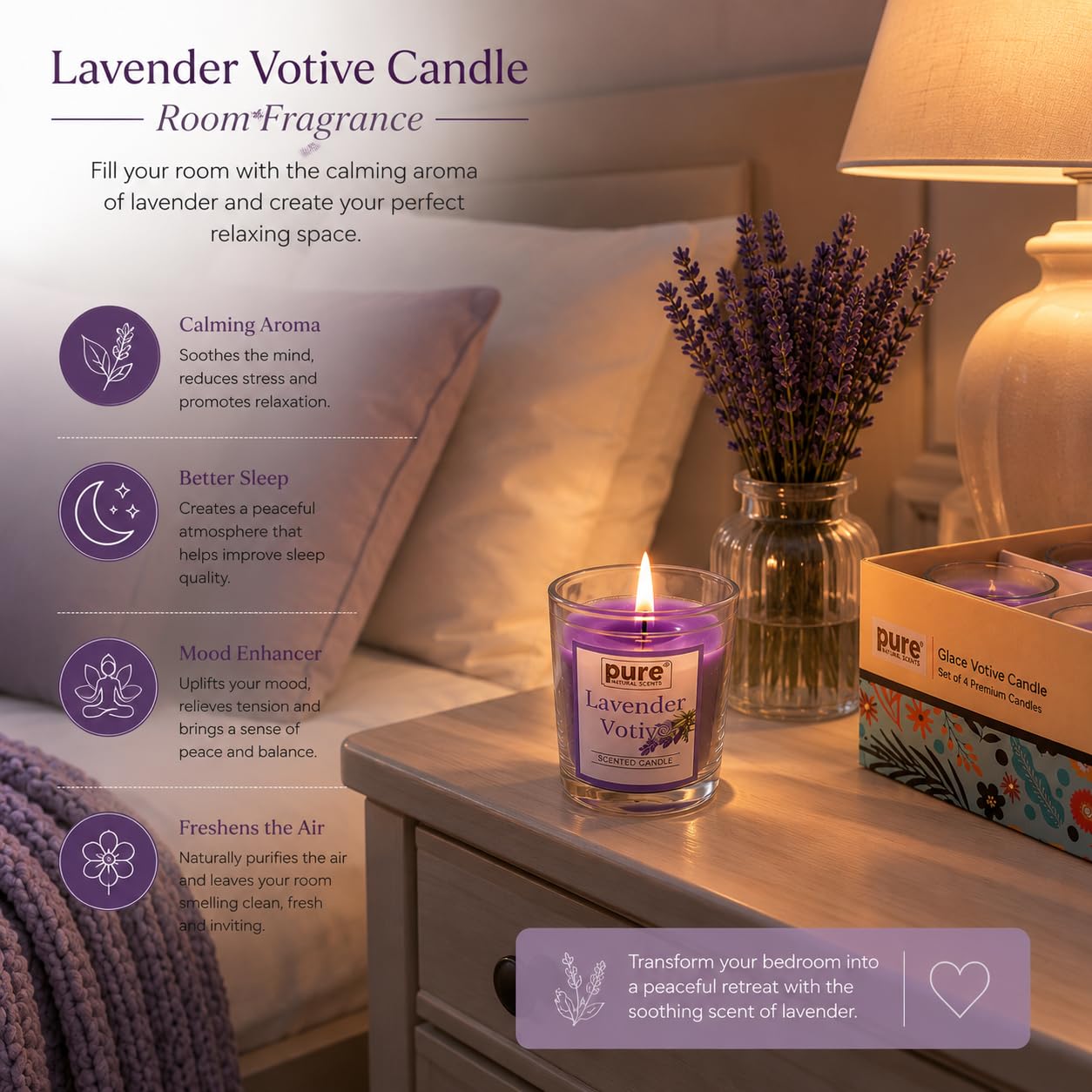 Pure Source India Lavender Votive Candles Set of 4,Scented Glass Candles, Aromatherapy Lavender Fragrance, Long Burning Decorative Candles for Home Décor, Bedroom, Relaxation, Meditation & Gift Giving