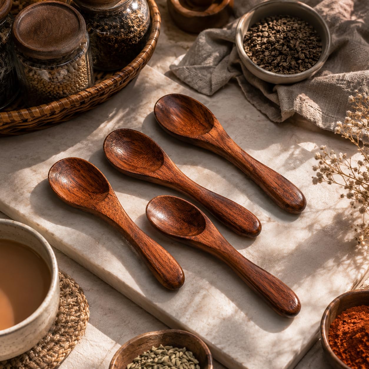 Pure Source India 4 Inch Wooden Masala Spoon for Small Containers, Handmade Wooden Spoon for Tea, Coffee, Sugar, Condiments & Spices