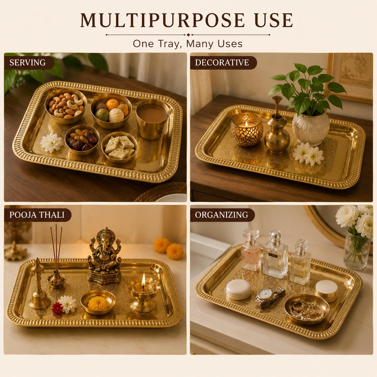 Pure Source India Large Decorative Brass Serving Tray 13.8 x 9.8 Inch | Premium Rectangular Brass Platter for Tea, Coffee, Snacks & Dry Fruits