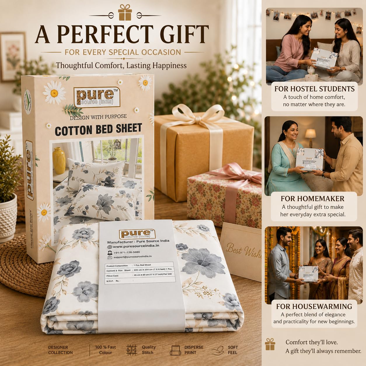 Pure Source India Soft Touch Poly Cotton Double Bed Sheet with Matching 2 Pillow Covers (Grey Floral)