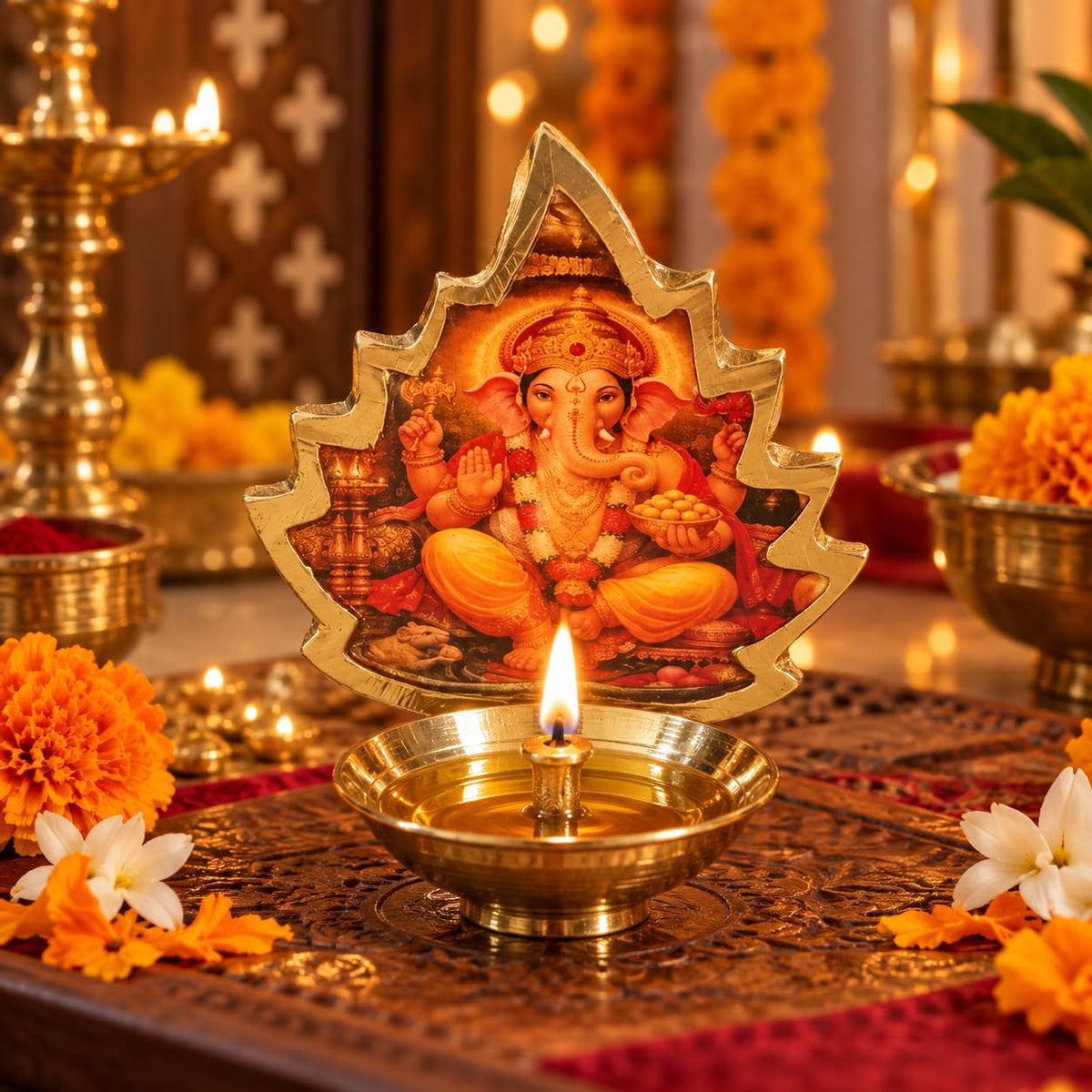 Pure Source India Brass Diya with Ganesh Leaf Frame for Home Temple, Daily Worship, Diwali Decoration & Gifting